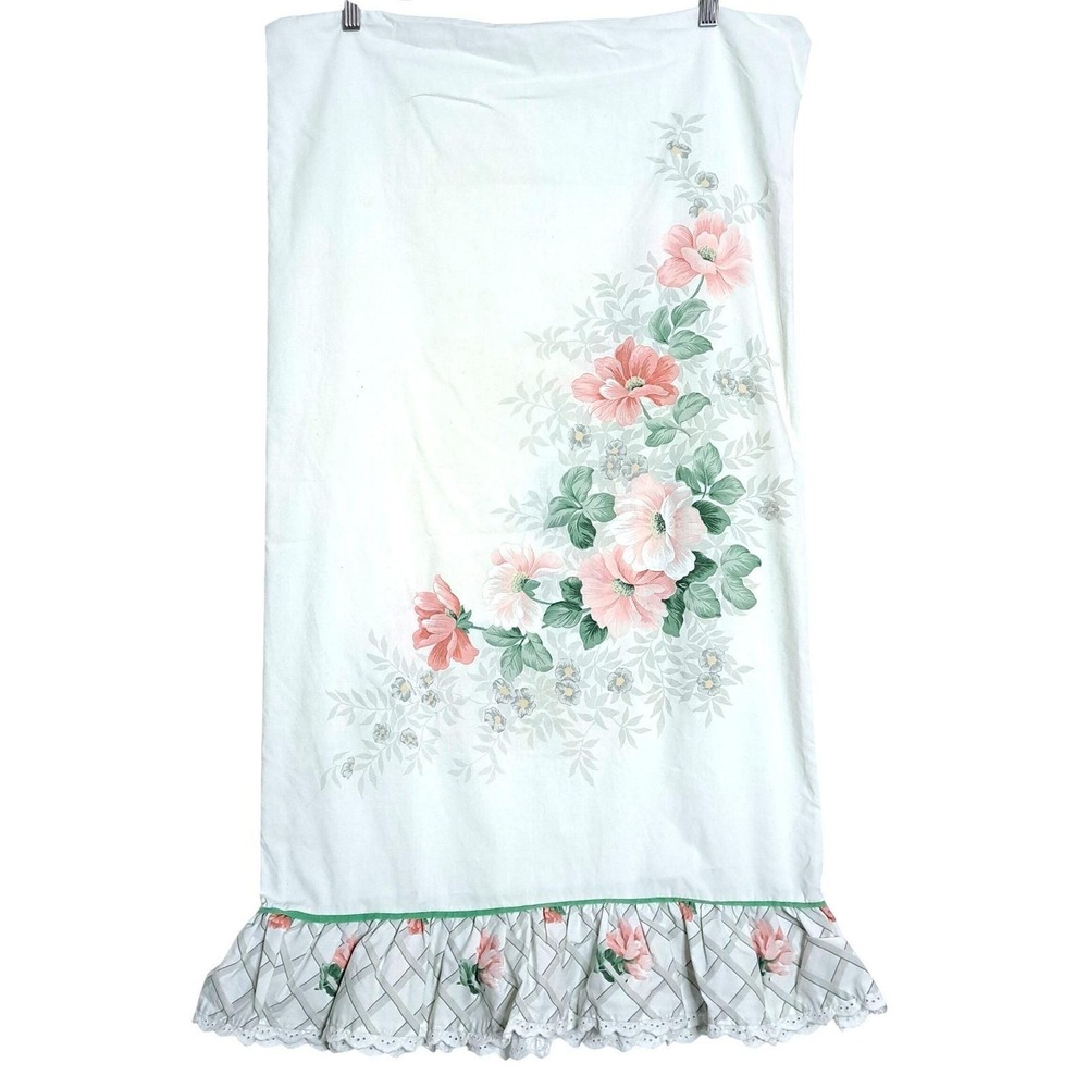 Vintage King Pillowcase White Pink Floral Ruffle Eyelet Lace Cottagecore Trim‎